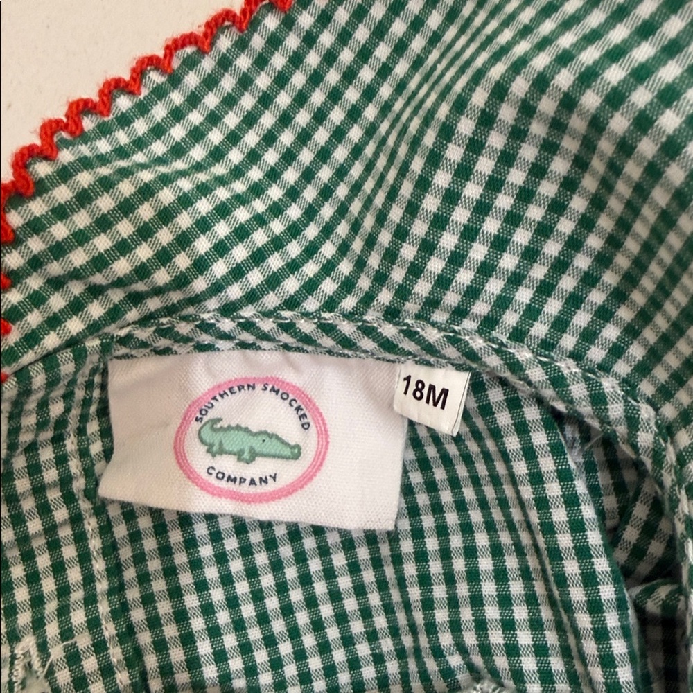 Southern Smocked Company Green/White Gingham Dress with Red Trim & Santa Detail - Picture 4 of 4